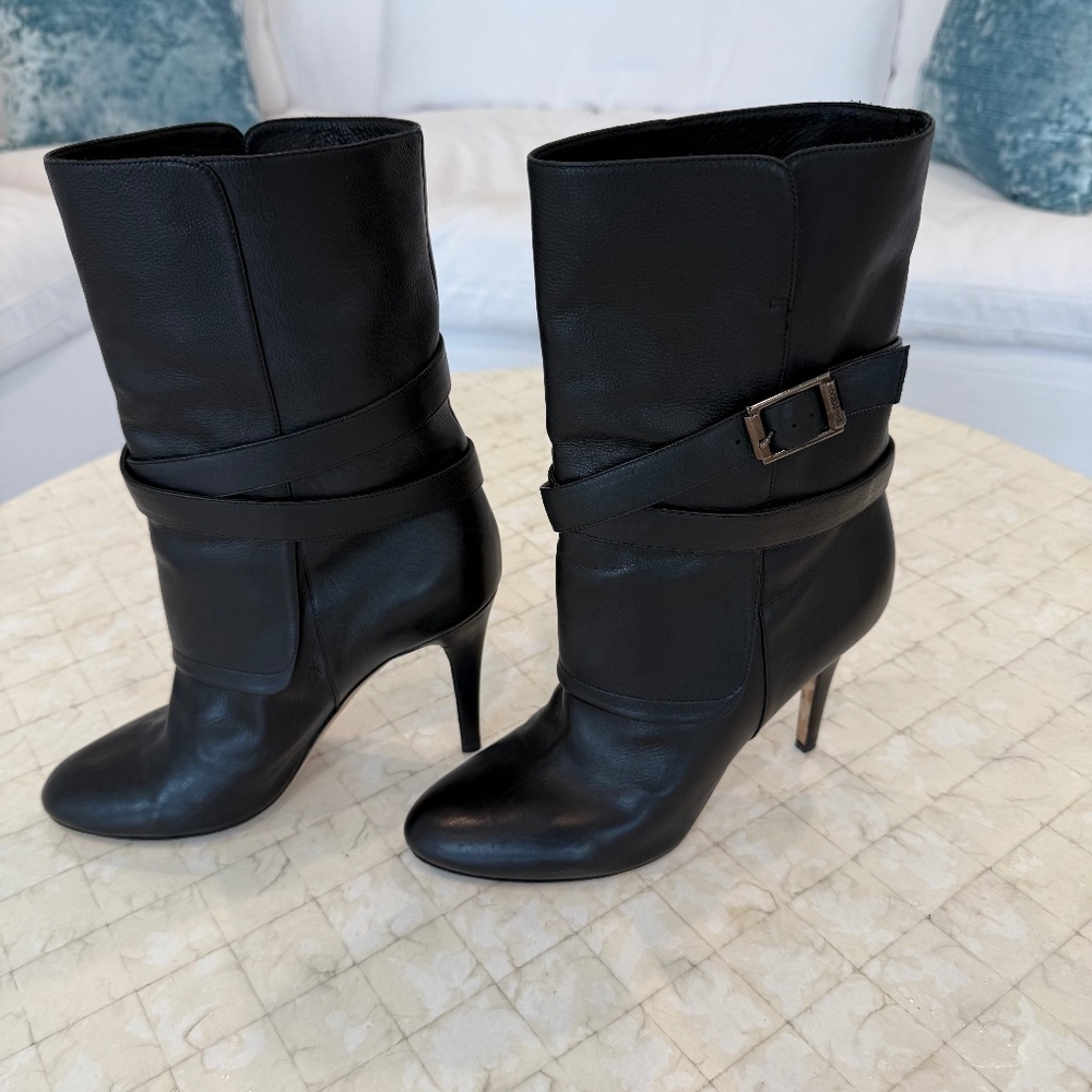 Jimmy Choo High Heel Black Leather Boots, Size 41